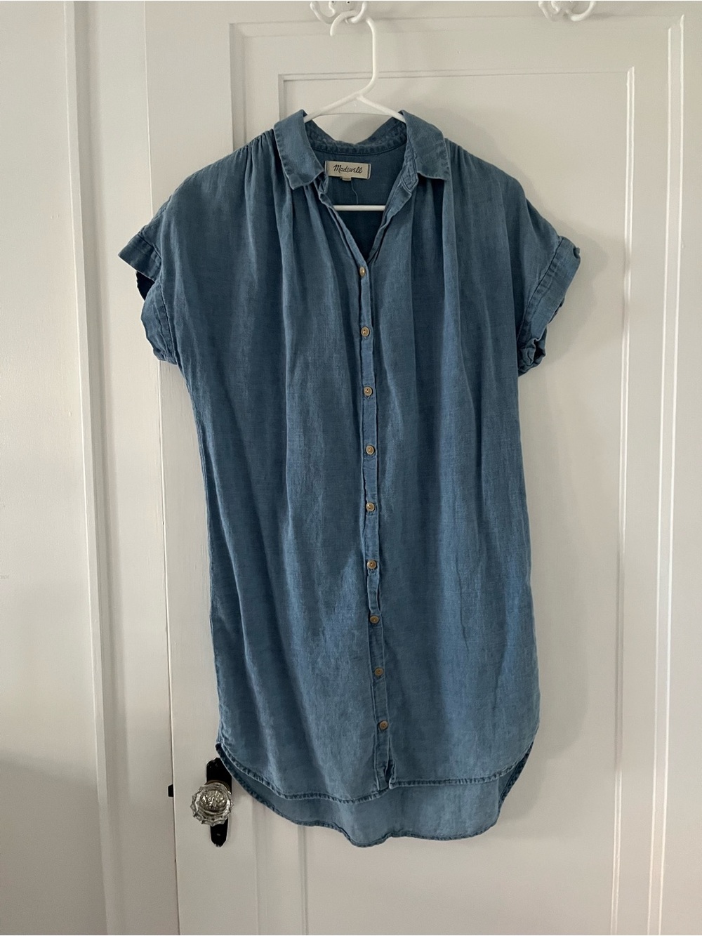 Madewell Washed Blue Denim Short-Sleeve Button-Down Shirt Dress
